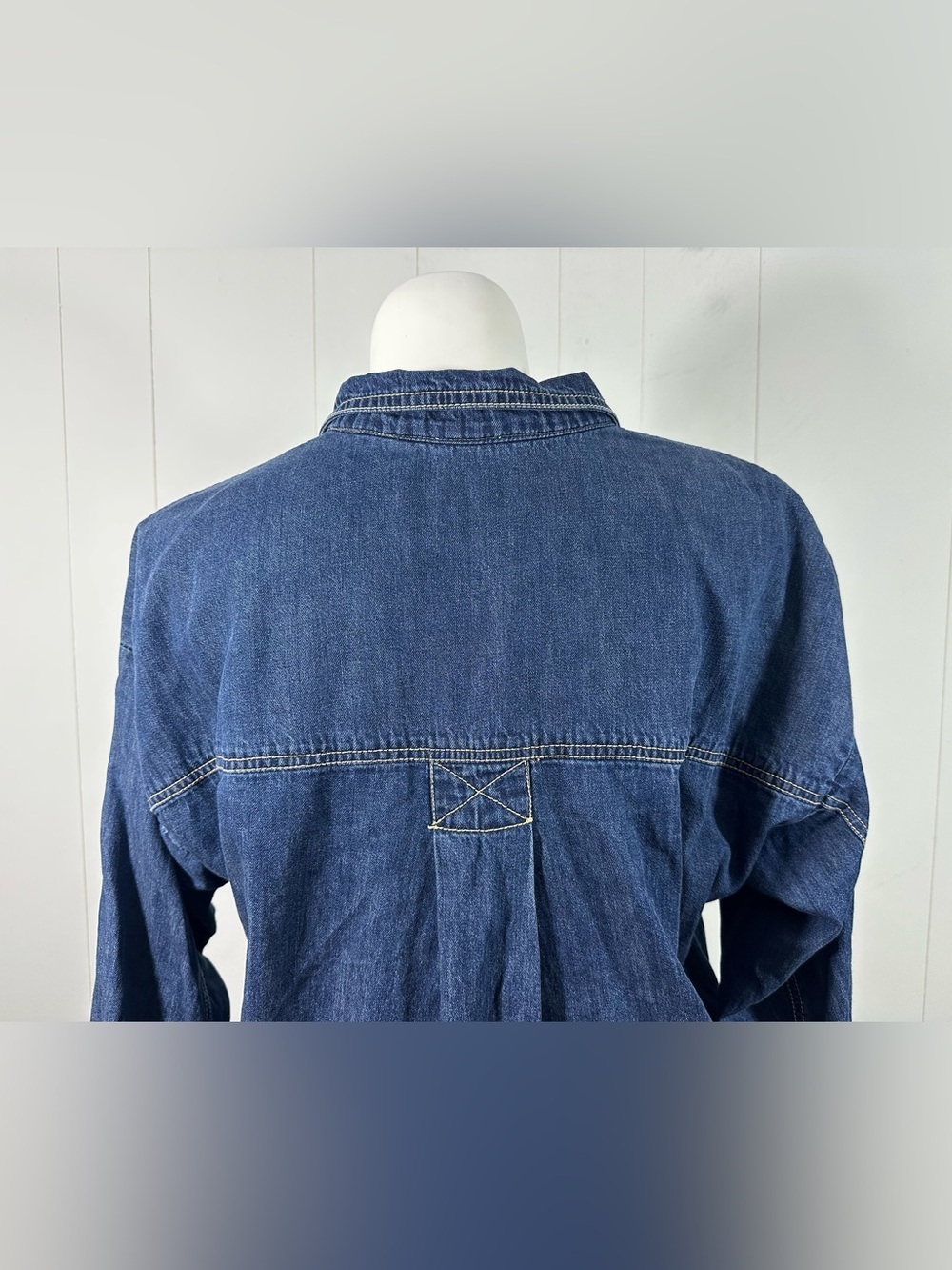 Pilcro Sz L Petite Women’s Tunic Shirt Top Blue Denim Cotton Button Half Placket - Picture 10 of 15